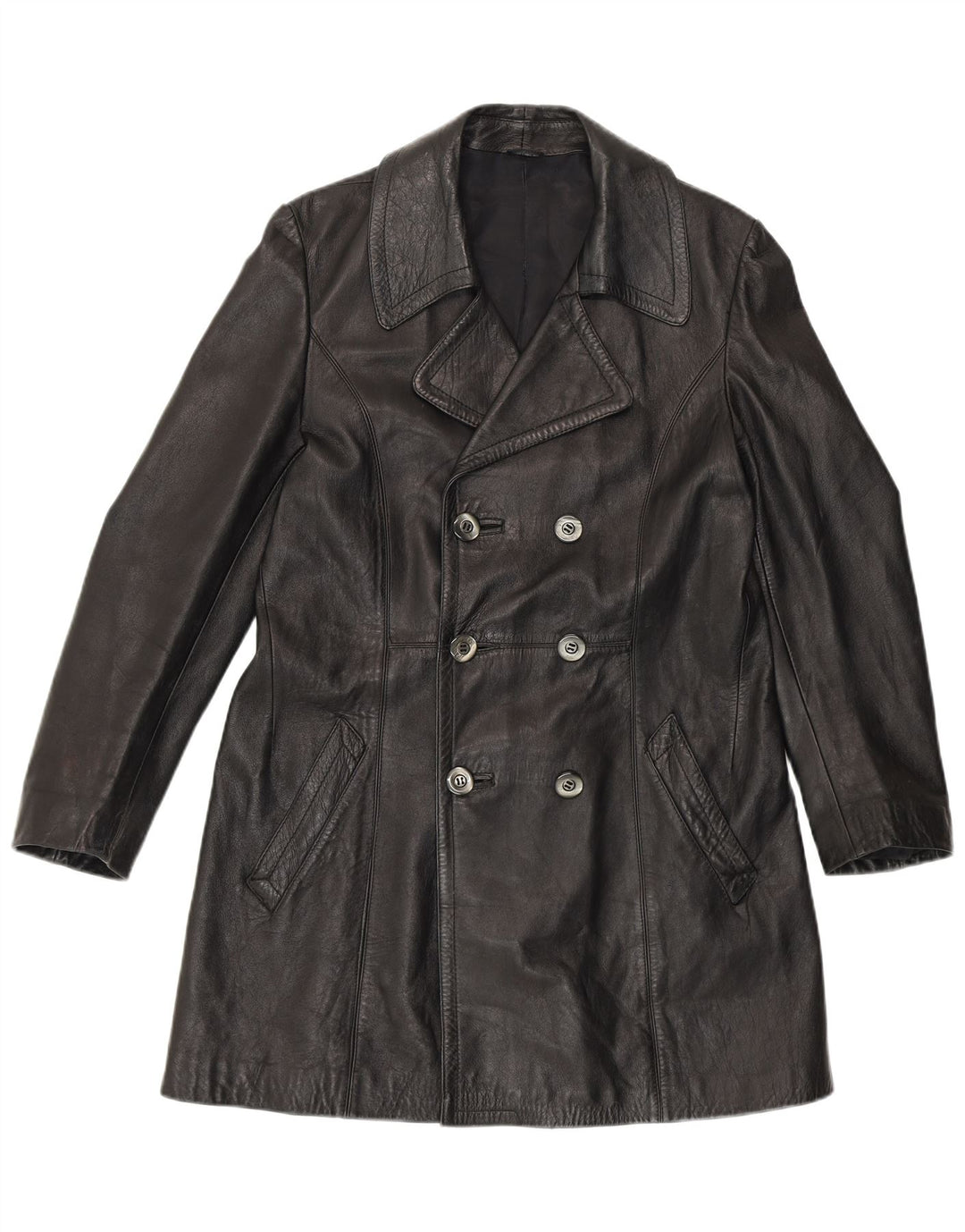 VINTAGE Manteau en cuir double boutonnage pour femme UK 14 Noir moyen