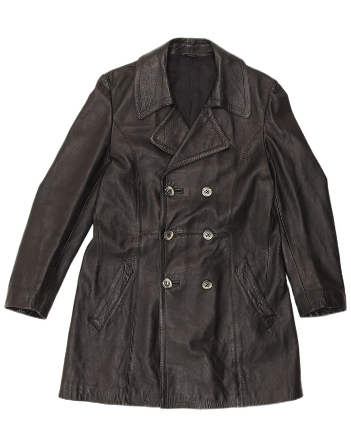 VINTAGE Manteau en cuir double boutonnage pour femme UK 14 Noir moyen