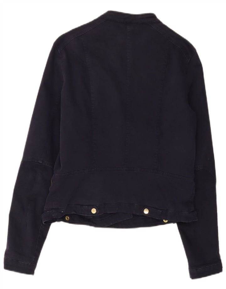 Zara Womens Crop Biker Jacket UK 14 Large Bleu Marine Coton