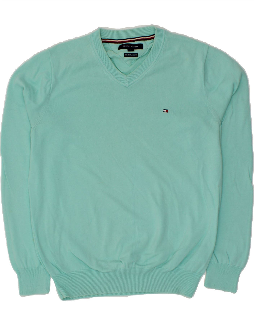 TOMMY HILFIGER Mens V-Neck Jumper Sweater Medium Turquoise Cotton Vintage Tommy Hilfiger and Second-Hand Tommy Hilfiger from Messina Hembry 