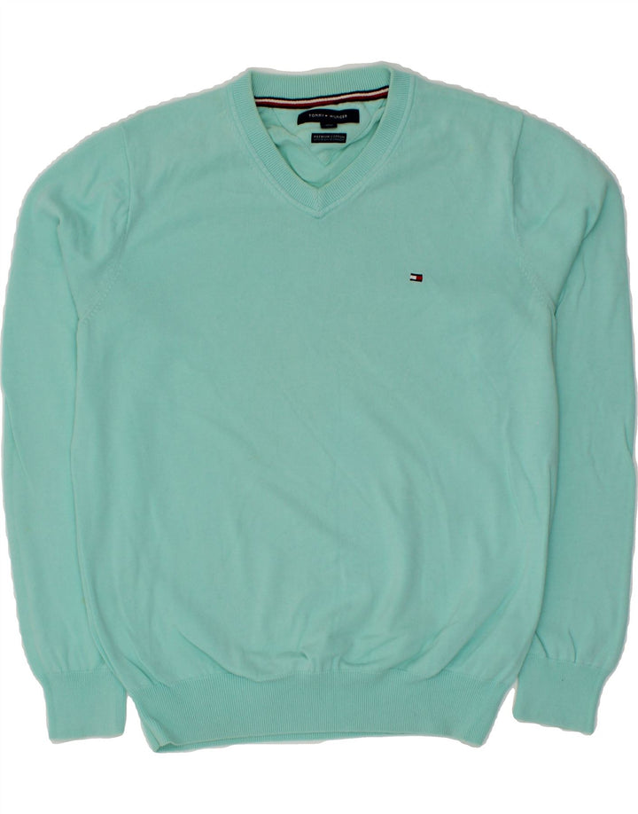 TOMMY HILFIGER Mens V-Neck Jumper Sweater Medium Turquoise Cotton Vintage Tommy Hilfiger and Second-Hand Tommy Hilfiger from Messina Hembry 