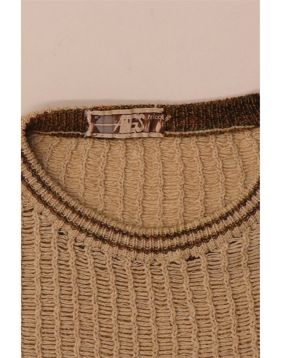 vintage Mens Boat Neck Jumper Pull Moyen Beige Rayé