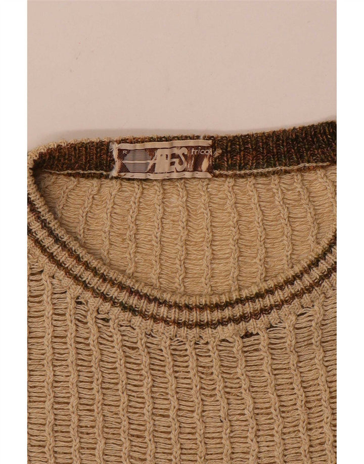 vintage Mens Boat Neck Jumper Pull Moyen Beige Rayé