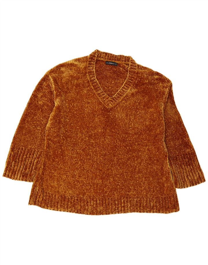 ZARA Pull surdimensionné à col en V pour femme UK 14 Élastomère marron moyen
