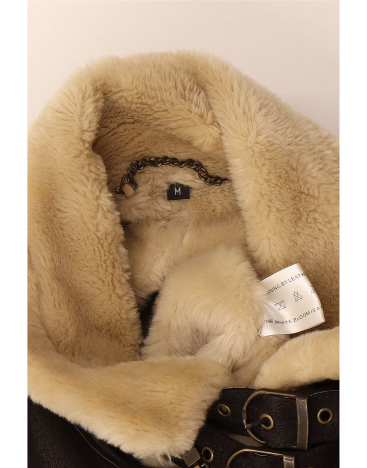 vintage Mens Bomber Shearling Jacket UK 38 Cuir Brun Moyen