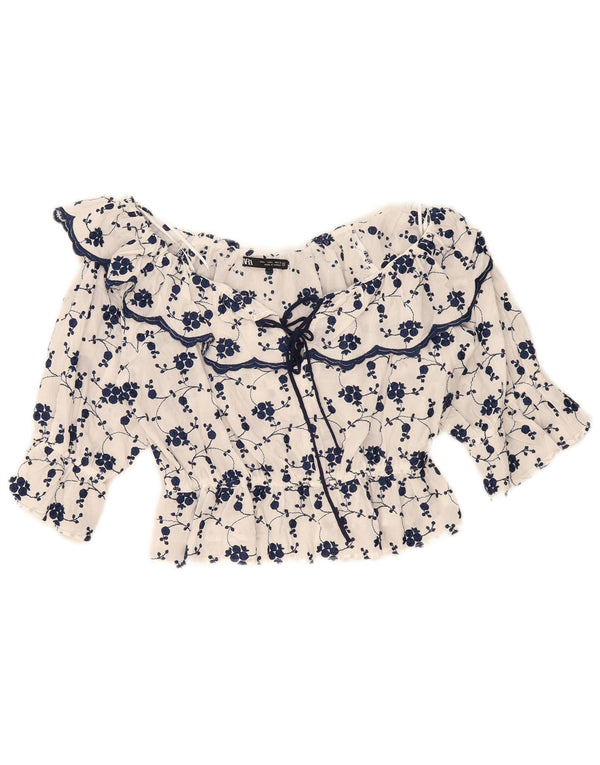 Zara Femmes Crop Off Épaule Blouse Top UK 14 Grand Blanc Floral Coton