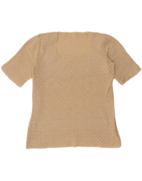 vintage Femmes Crochet Blouse Top UK 12 Beige Moyen