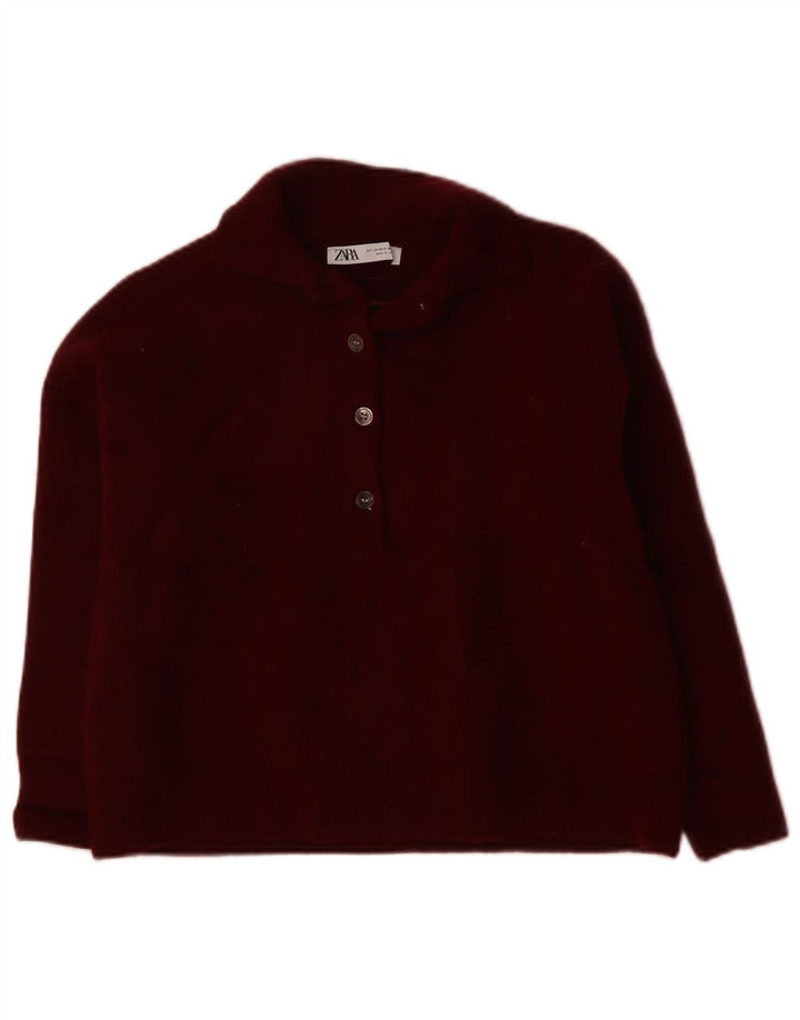 ZARA Pull court surdimensionné à col polo pour femme UK 6 XS en laine bordeaux