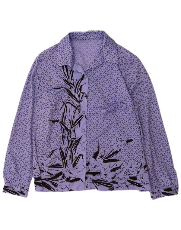 vintage Femme Chemise Graphique Blouse UK 14 Grand Violet Floral Polyester