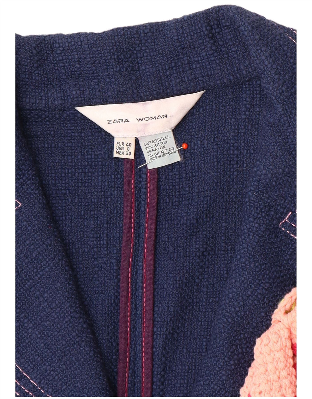 Zara Veste Blazer Femme Manches 3/4 1 Bouton EU 40 Bleu Marine Moyen Coton