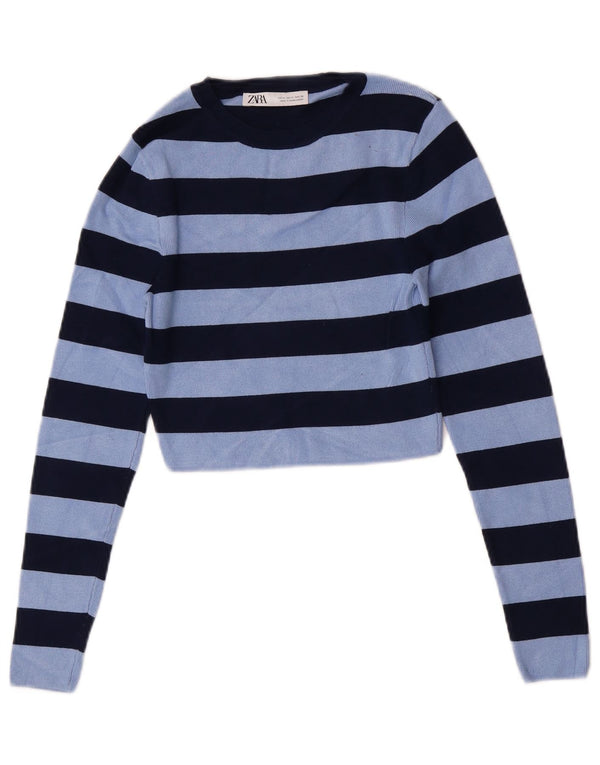 Zara Femme Crop Blouse Top UK 12 Bleu Moyen Rayé Viscose