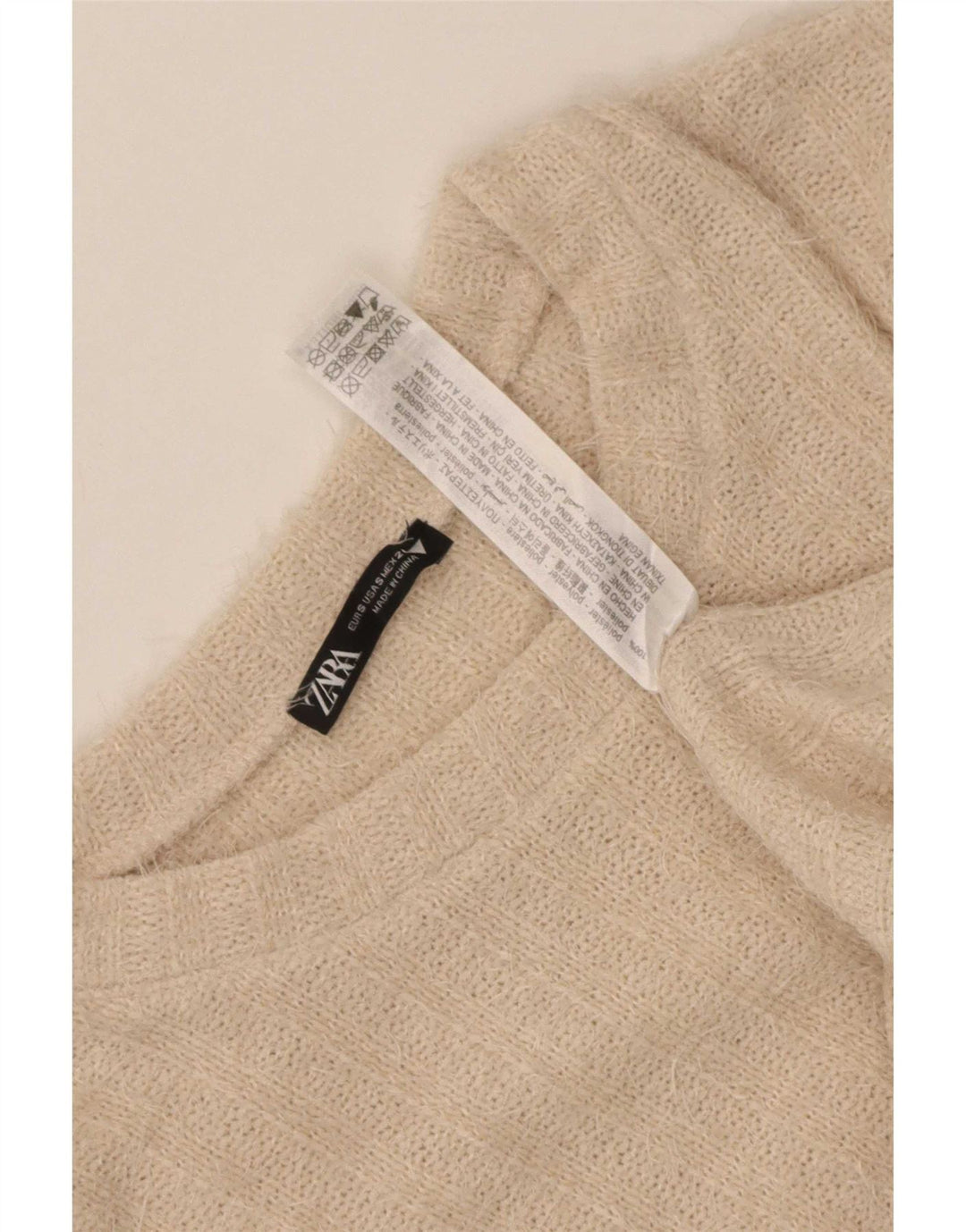 Zara Pull ras du cou pour femme UK 10 Petit polyester rayé beige