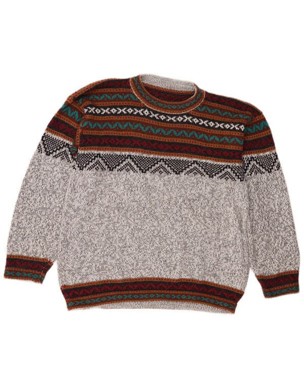 vintage Mens Crew Neck Jumper Pull Moyen Gris Fair Isle