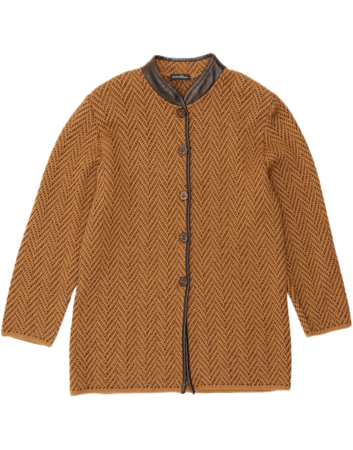 vintage Femme Cardigan Pull UK 14 Laine Chevron Brun Moyen