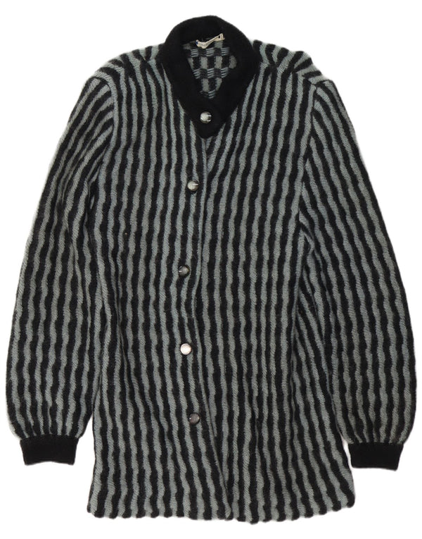 VINTAGE Femme Longline Cardigan Pull UK 14 Moyen Noir Rayé