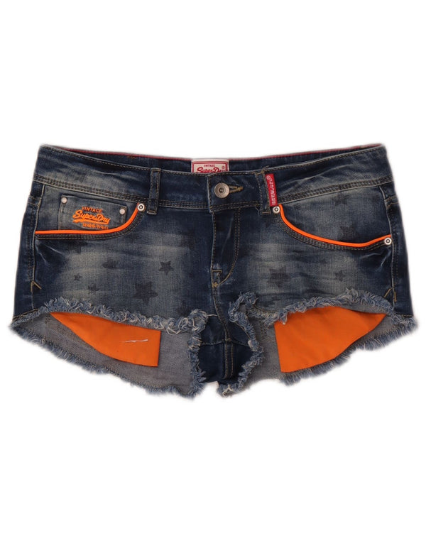 Superdry Femme Graphic Denim Hot Pants W28 Bleu Marine Moyen Géométrique