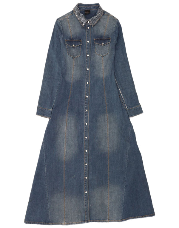 vintage Femmes Manches Longues Maxi Denim Robe UK 6 XS Bleu Coton