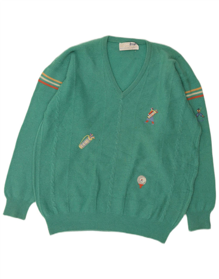 Pringle Pull col V pour homme en laine rayée turquoise