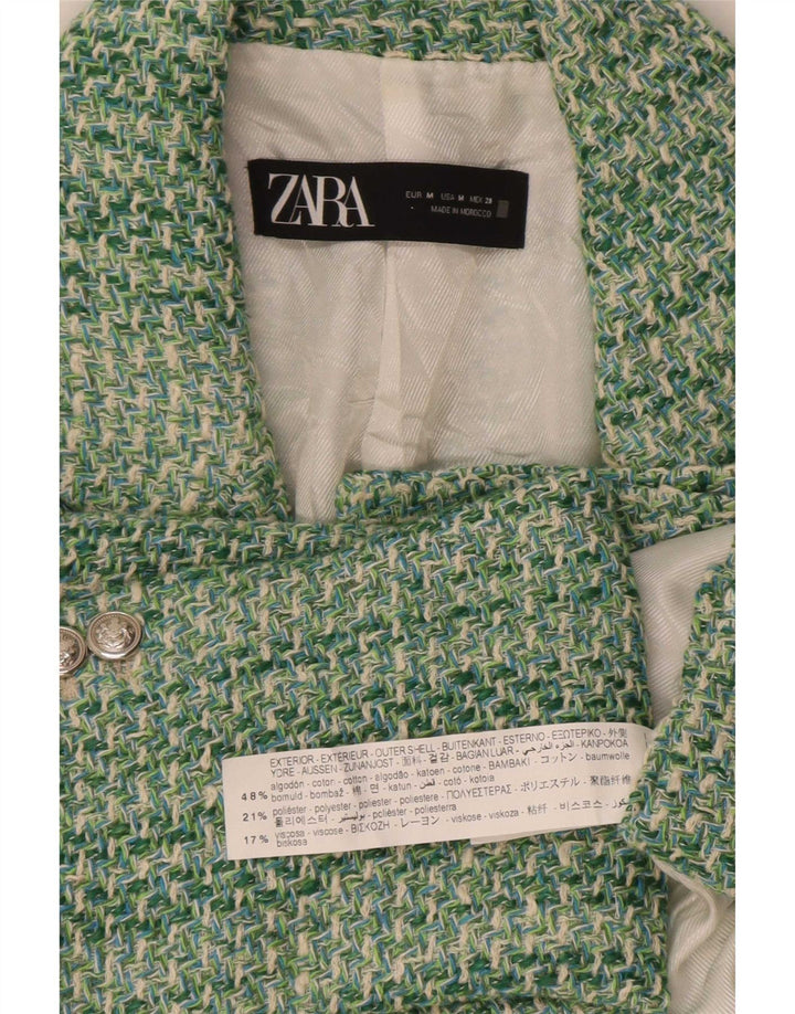 Zara Veste Blazer Double Boutonnage Femme UK 12 Coton Vert Moyen