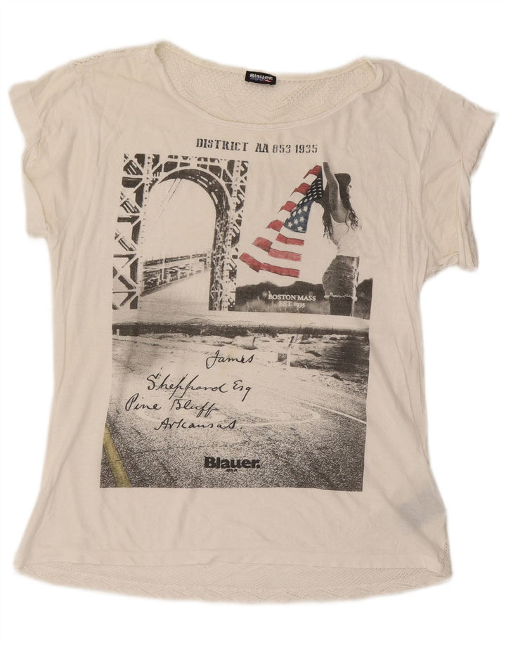 Blauer T-shirt graphique surdimensionné pour femme UK 10 Petit coton blanc cassé