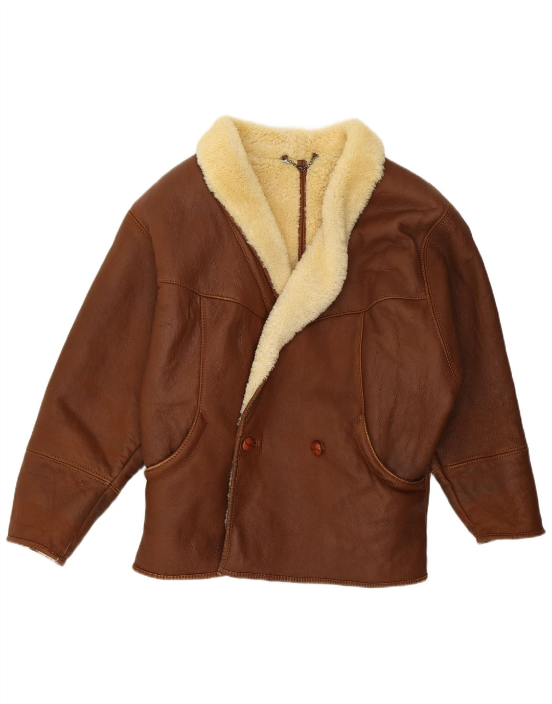 vintage Mens Loose Fit Shearling Jacket IT 46 Petit Cuir Marron