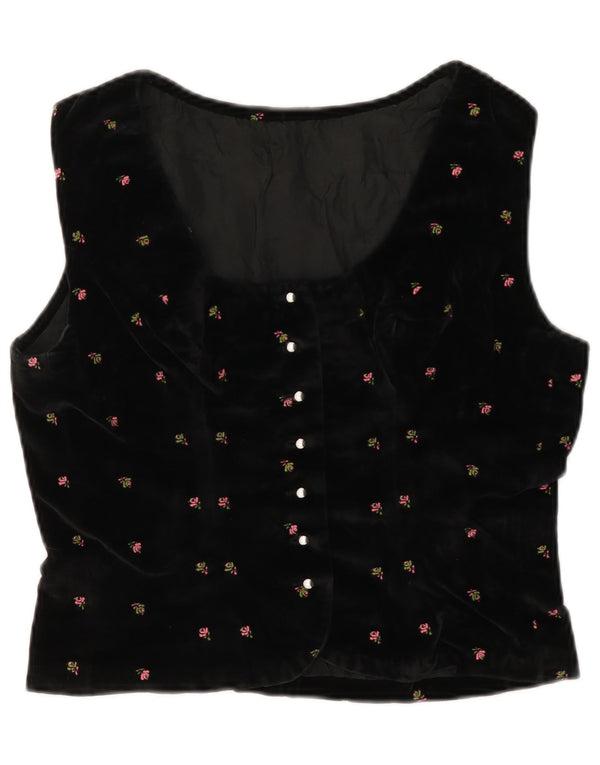 vintage Womens Velvet Gilet UK 10 Petit Noir Floral