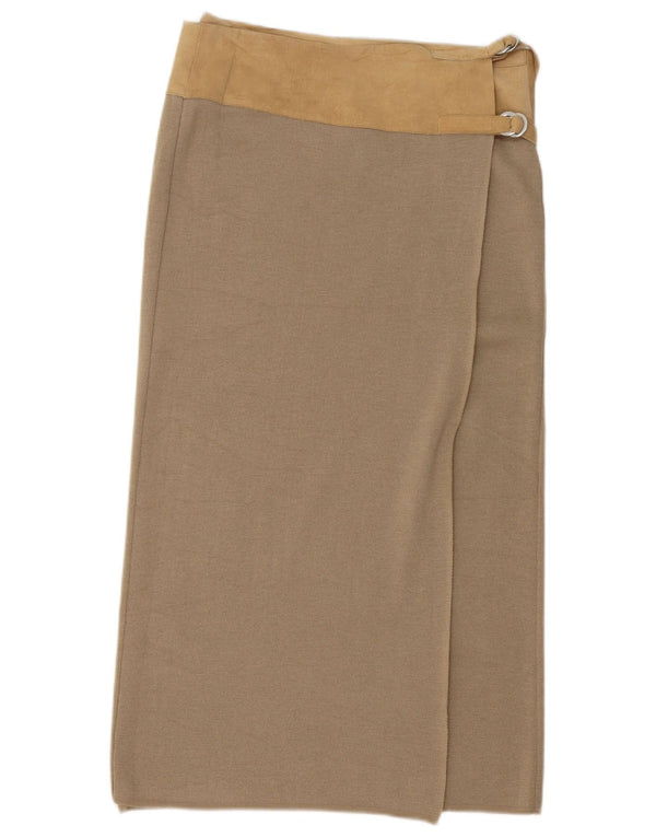 Benetton Femme Jupe Midi Portefeuille Large W32 Beige Colourblock Laine