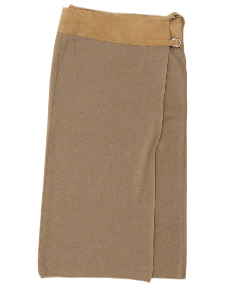 Benetton Femme Jupe Midi Portefeuille Large W32 Beige Colourblock Laine