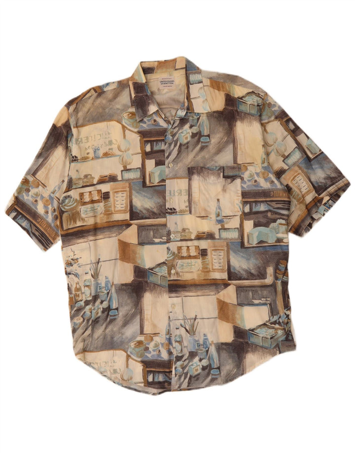 Benetton Chemise Graphique à Manches Courtes XL Beige Patchwork Coton Homme