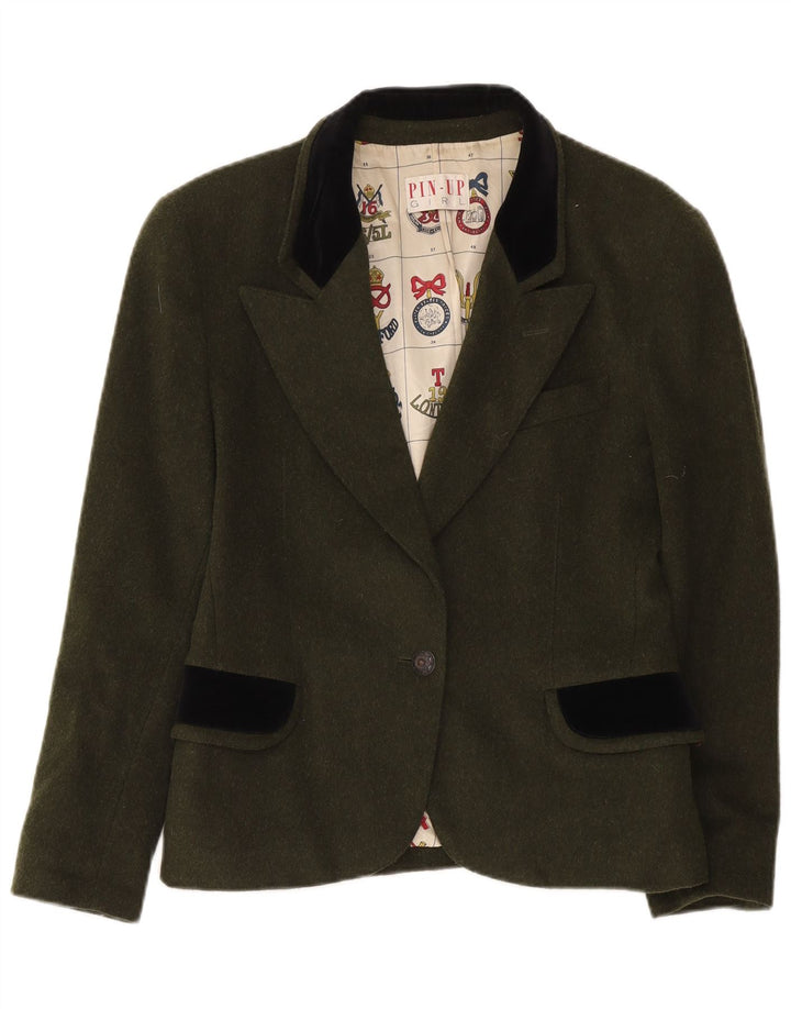 vintage Femme 1 Bouton Blazer Veste UK 14 Grand Kaki Colourblock