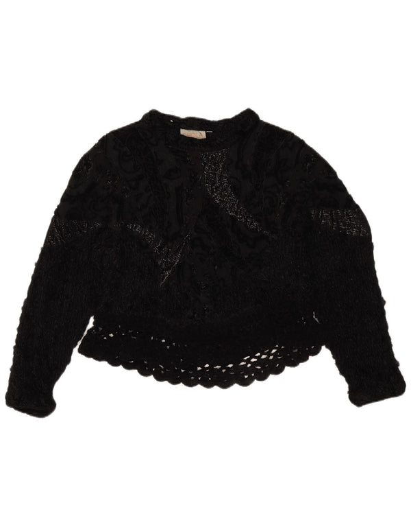 vintage Femmes Crochet Crop Top UK 14 Moyen Noir