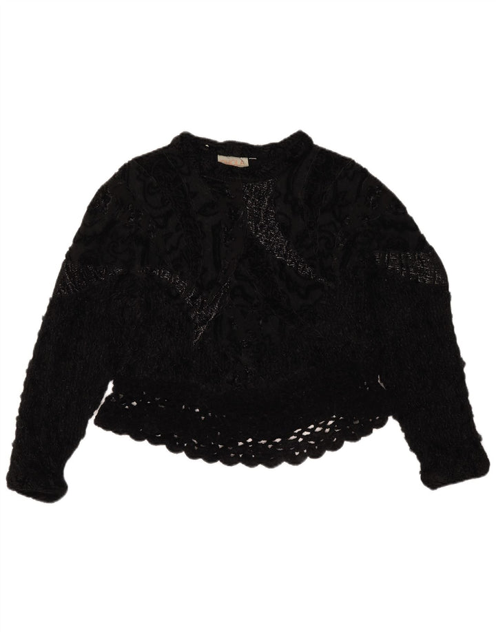 vintage Femmes Crochet Crop Top UK 14 Moyen Noir