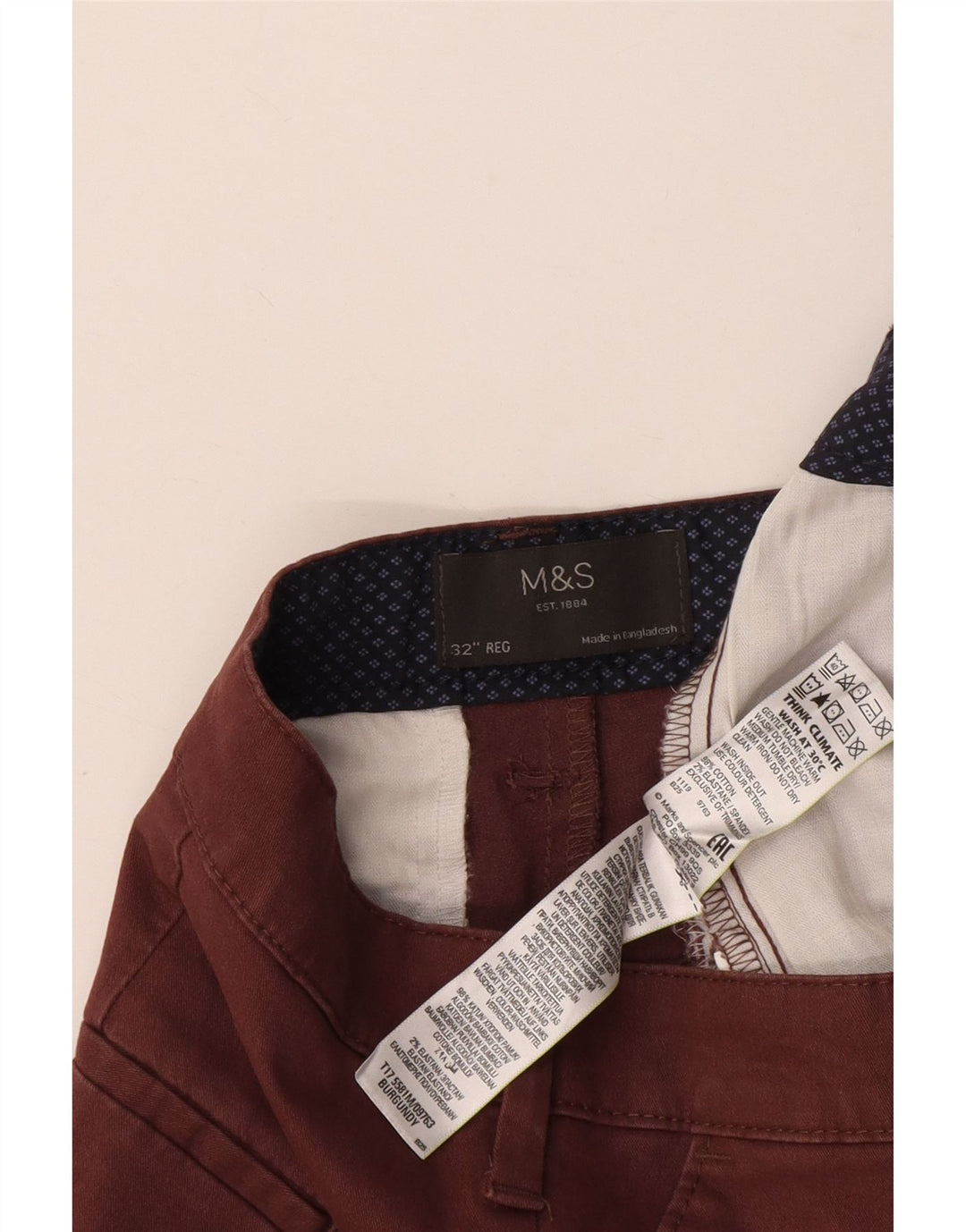 Marks & Spencer Short Chino Homme W32 Coton Bordeaux Moyen