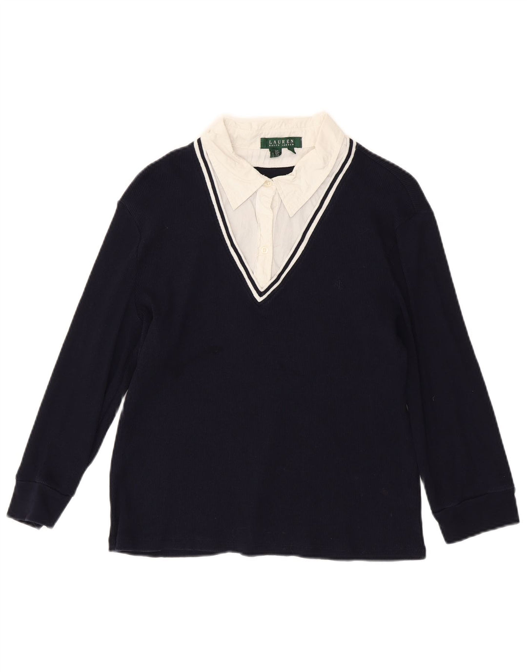 RALPH LAUREN Haut Femme Manches 3/4 UK 18 XL Bleu Marine Colorblock Coton