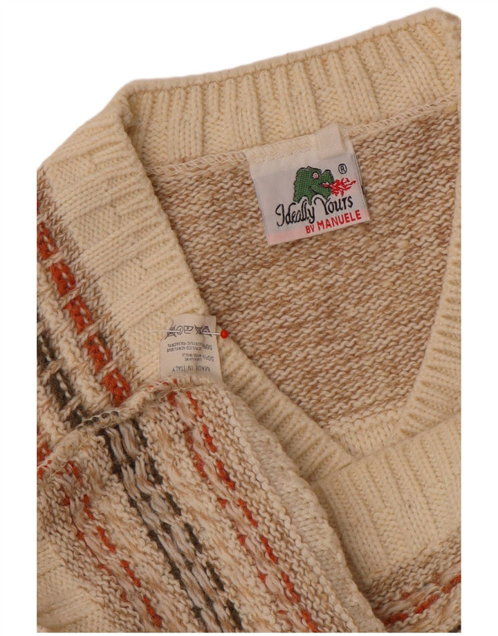 vintage Mens V-Col Jumper Pull Moyen Beige Rayé Laine