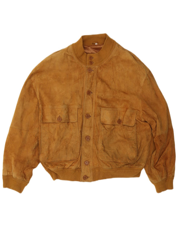 vintage Mens Suede Bomber Jacket IT 54 2XL Cuir Marron
