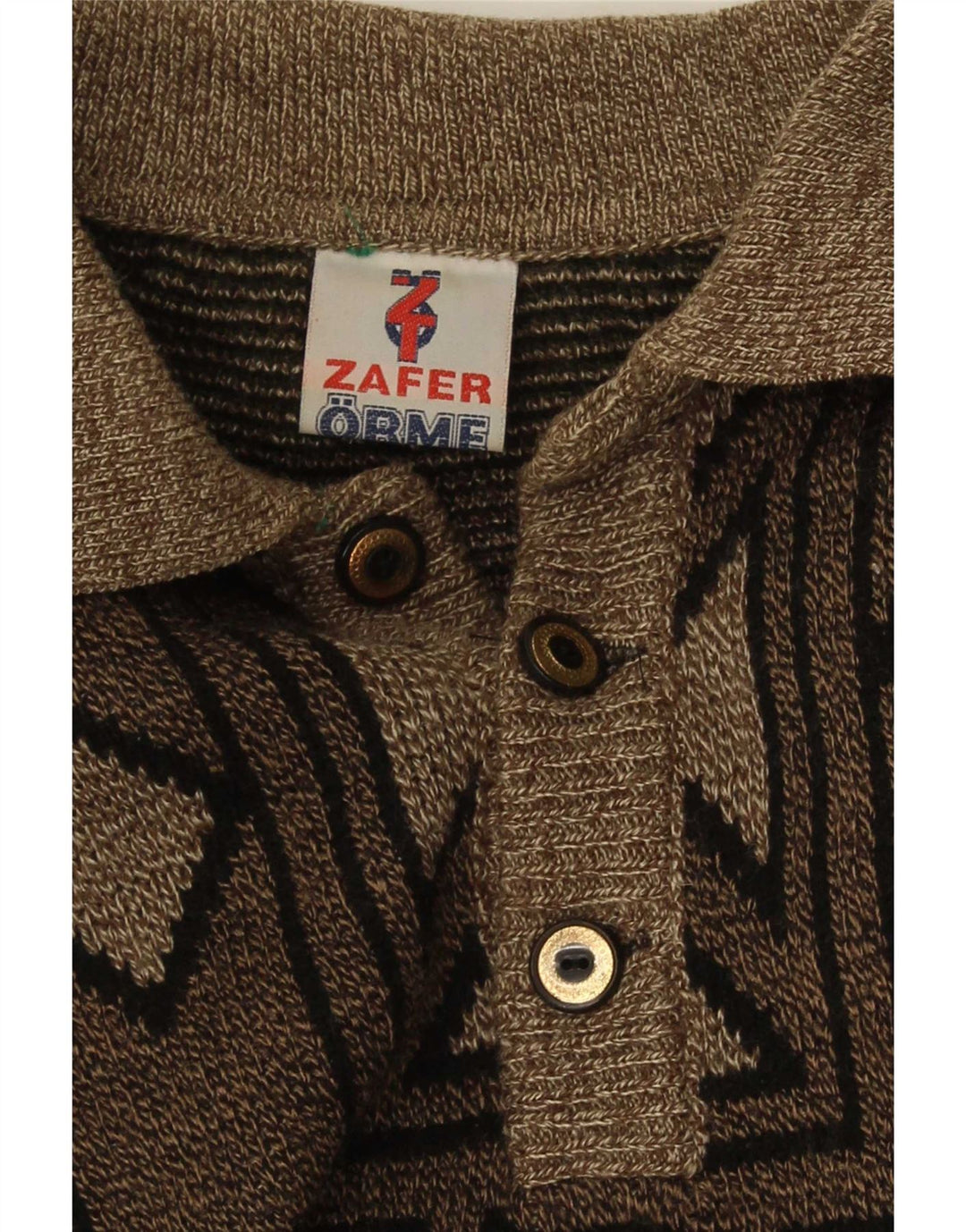 vintage Mens Polo Neck Jumper Pull Moyen Brun Géométrique