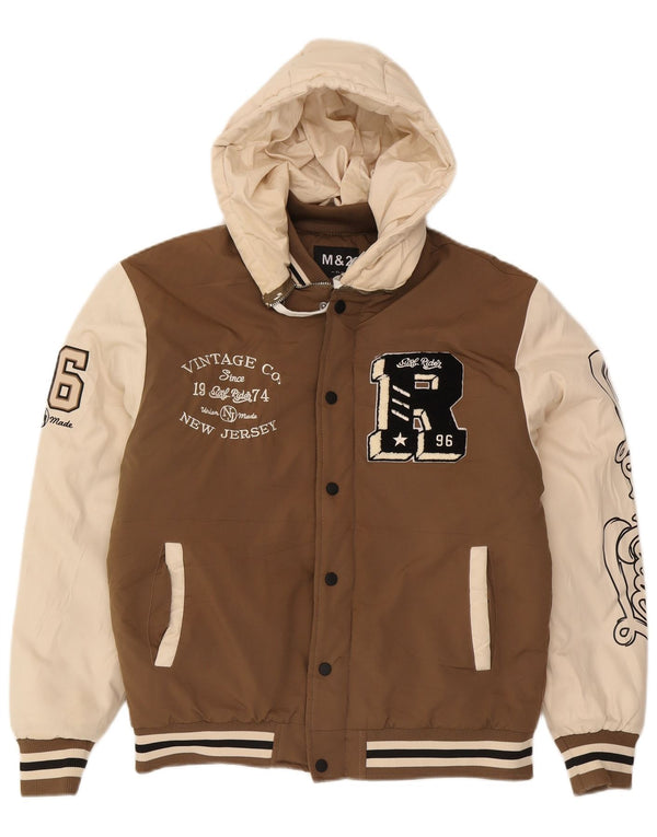 vintage Mens New Jersey Hooded Varsity Jacket UK 42 XL Brown Colourblock