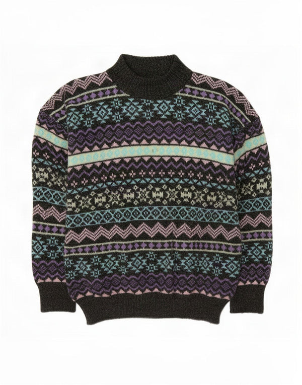 vintage Femmes Turtle Neck Jumper Pull UK 14 Moyen Gris Fair Isle