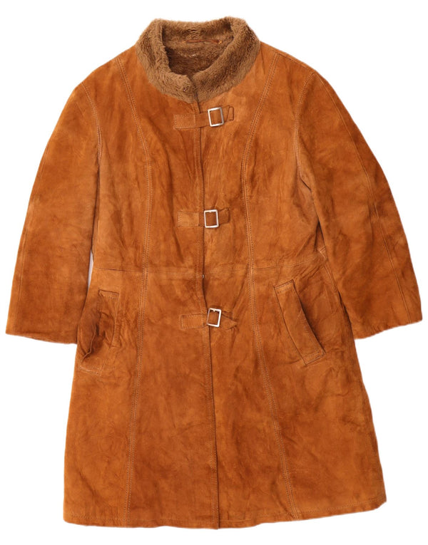 vintage Femmes Suède Pardessus UK 10 Petit Brun