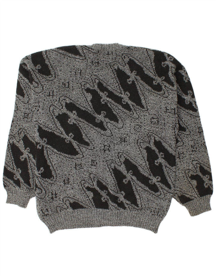 vintage Mens Crew Neck Jumper Pull Grand Gris Géométrique
