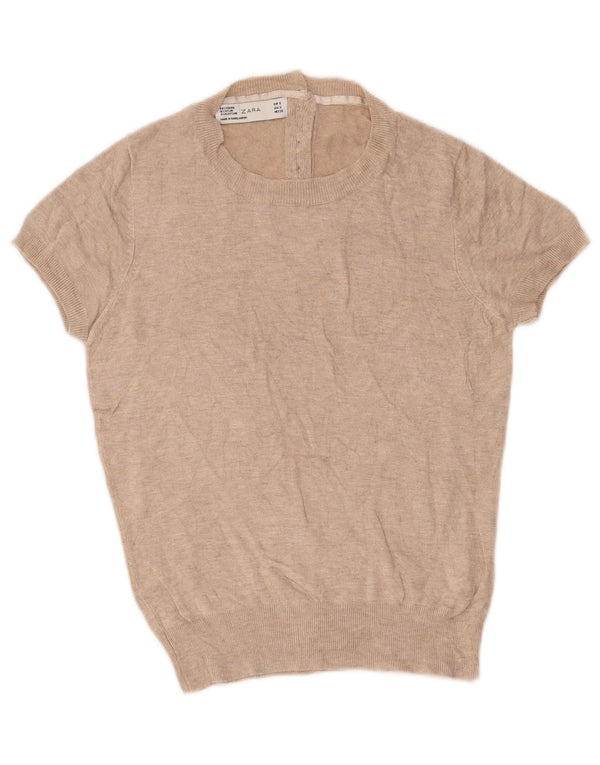 Zara Pull à manches courtes et col bateau pour femme UK 10 Small Beige Viscose