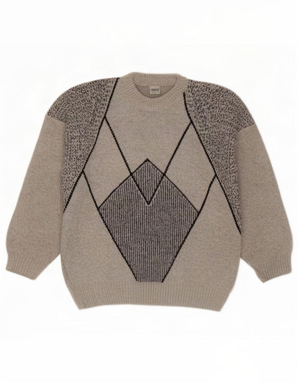 Vintage Mens Crew Neck Jumper Sweater Large Grey Geometric Wool