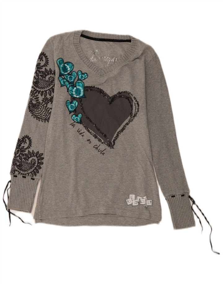 DESIGUAL Haut graphique à manches longues pour femme UK 12 Gris moyen Paisley Heart