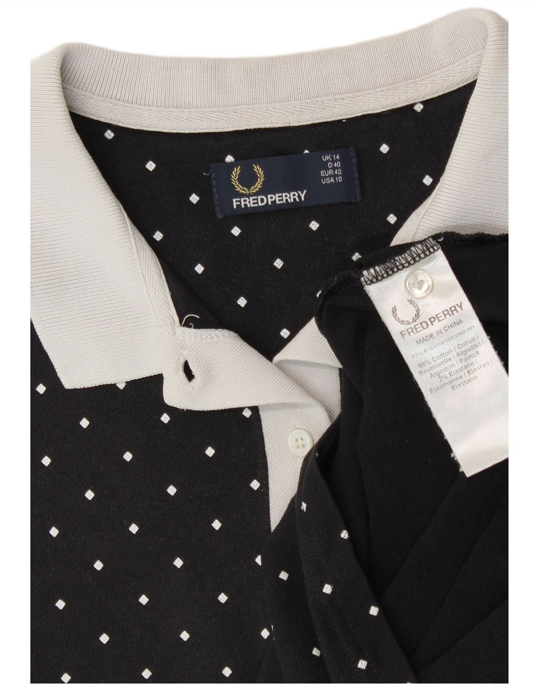 Fred Perry Polo Femme UK 14 Grand Coton À Pois Noir