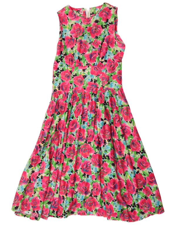 vintage Femme Robe Maxi Sans Manches UK 14 Coton Floral Rose Moyen