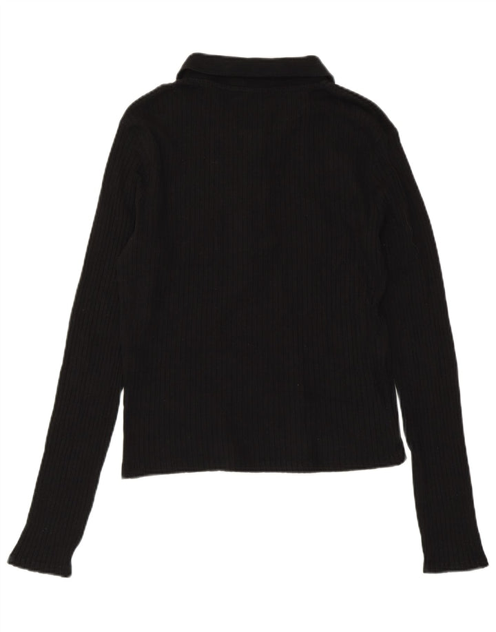 ZARA Polo court à manches longues pour femme UK 14 Large Noir Coton
