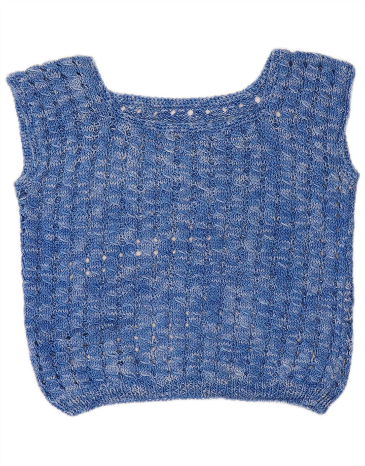 VINTAGE Femmes Crop Crochet Vest Débardeur UK 14 Bleu Moyen