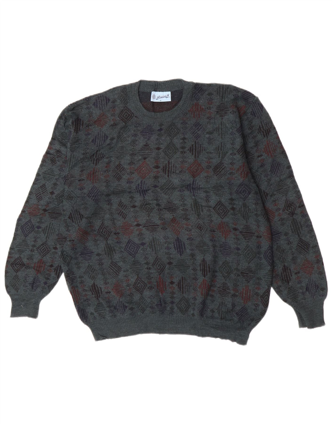 vintage Mens Crew Neck Jumper Pull Moyen Bleu Géométrique Vierge Laine