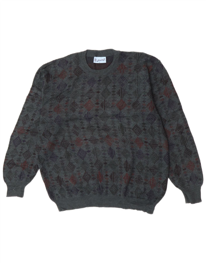 vintage Mens Crew Neck Jumper Pull Moyen Bleu Géométrique Vierge Laine